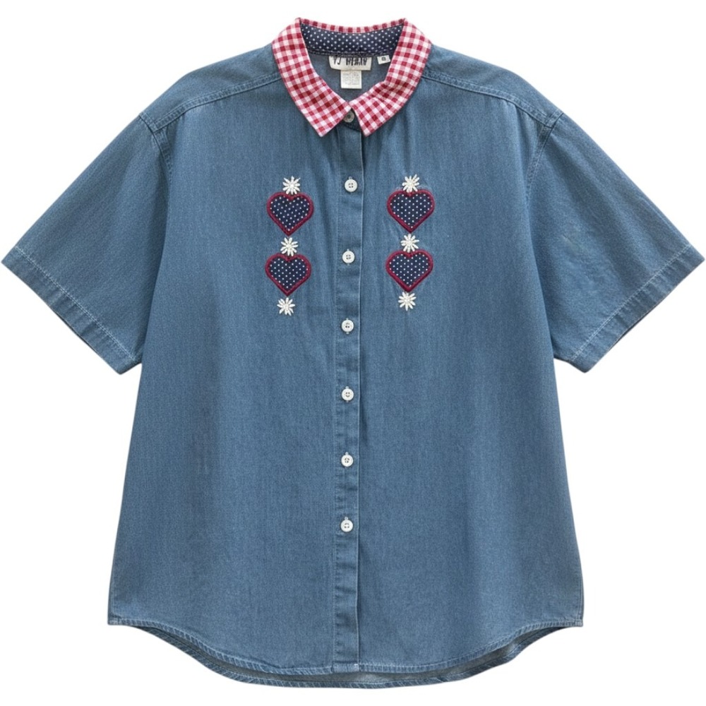 Vintage YJ Woman Chambray Denim Shirt Plus Sz 18 Heart Gingham Cottagecore NOS